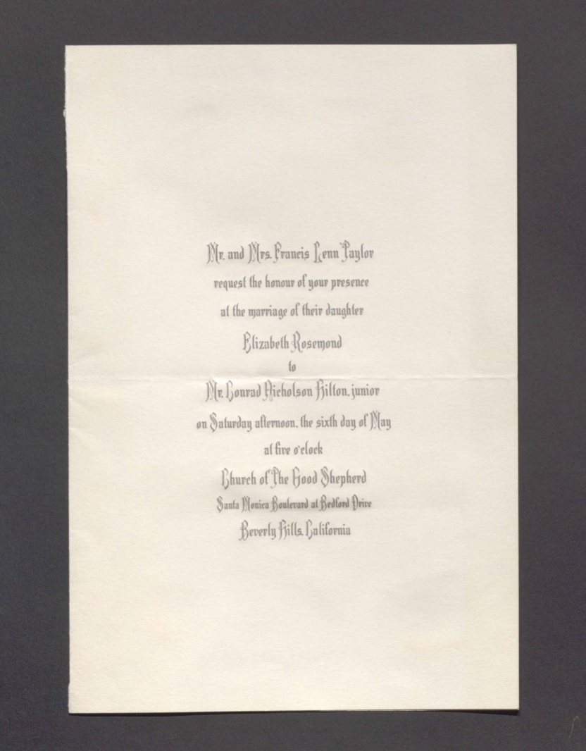 Liz Taylor & Conrad Hilton wedding invitation c. 1950, personal archives of Arthur Millier