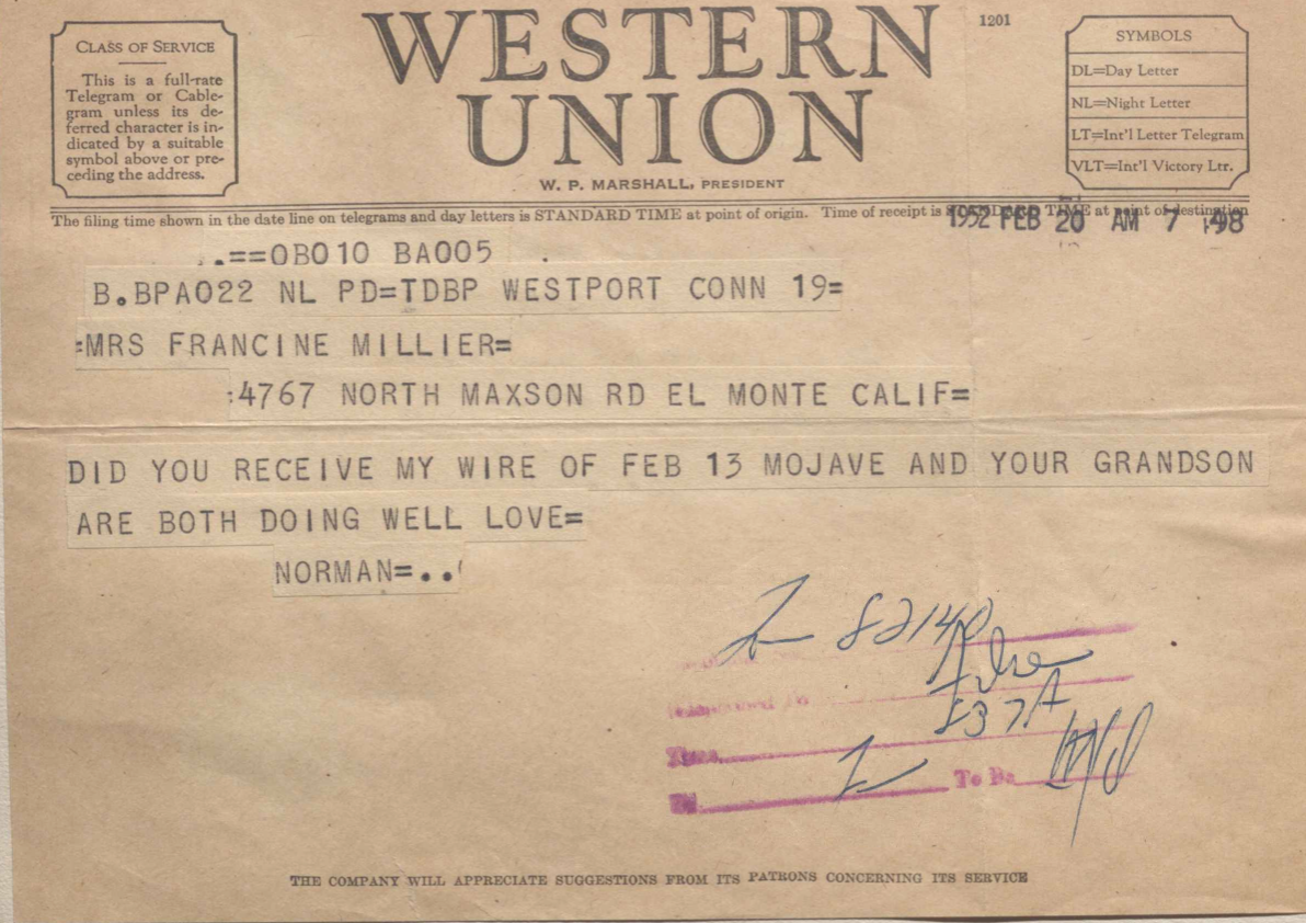 Telegram from Norman and Mojave to Francine and Arthur on birth of son