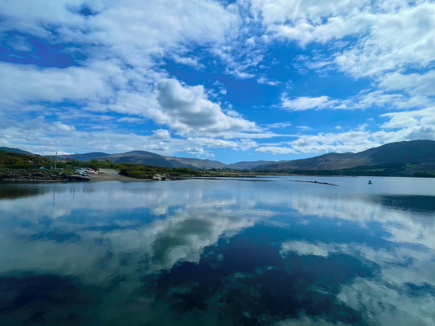 Beara reflections. 6 Day Southwest Tour of Ireland. #ireland🍀 #adventure #reflections #smallgrouptravel #smallgrouptours #bearapeninsula #kilmackillogue #harboursofinstagram #clouds #calm