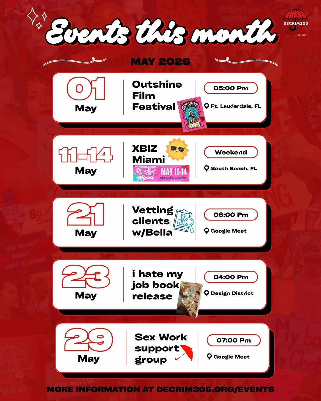 Check out our events this month 🌴✨

📍 May 1 &mdash; Outshine Film Festival | Ft. Lauderdale, FL
📍 May 11&ndash;14 &mdash; XBIZ Miami | South Beach, FL
💻 May 21 &mdash; Vetting Clients with Bella | Google Meet
📍 May 23 &mdash; I Hate My Job Book 