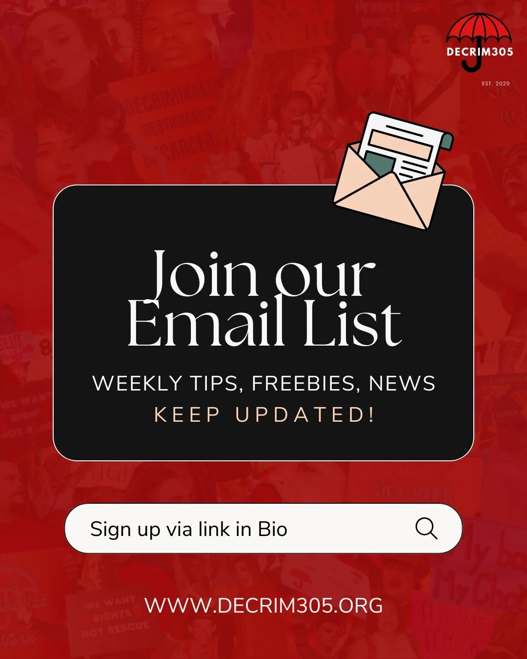 Join our email list! 💌

Stay up to date with the latest Decrim 305 news, upcoming events, advocacy updates, resources, tips, and exclusive freebies. Be the first to know what&rsquo;s happening in our community!

Sign up today at decrim305.org 📬✨