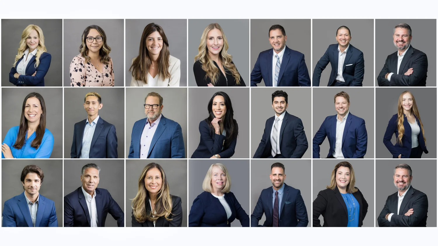 Grid of 21 matching team headshots of men and women in business attire on a grey background