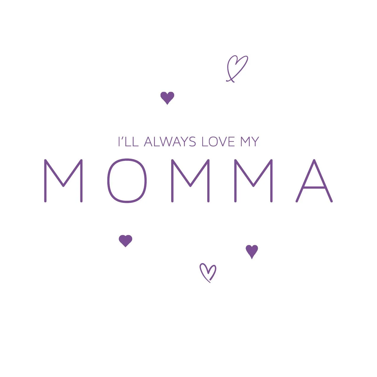 White Mother's Day card with violet type and hearts, zoom