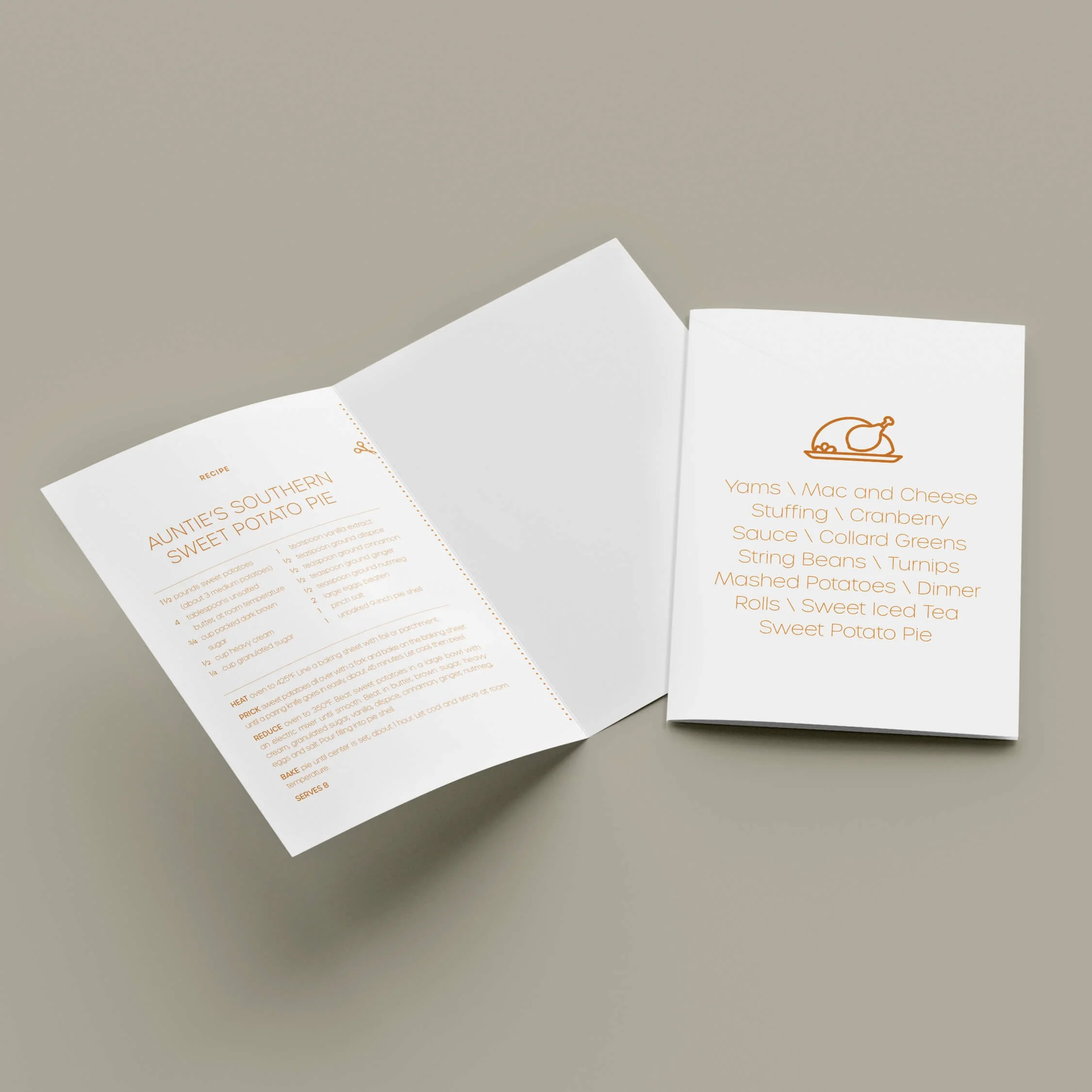 White card with outlined turkey and text, inside and cover