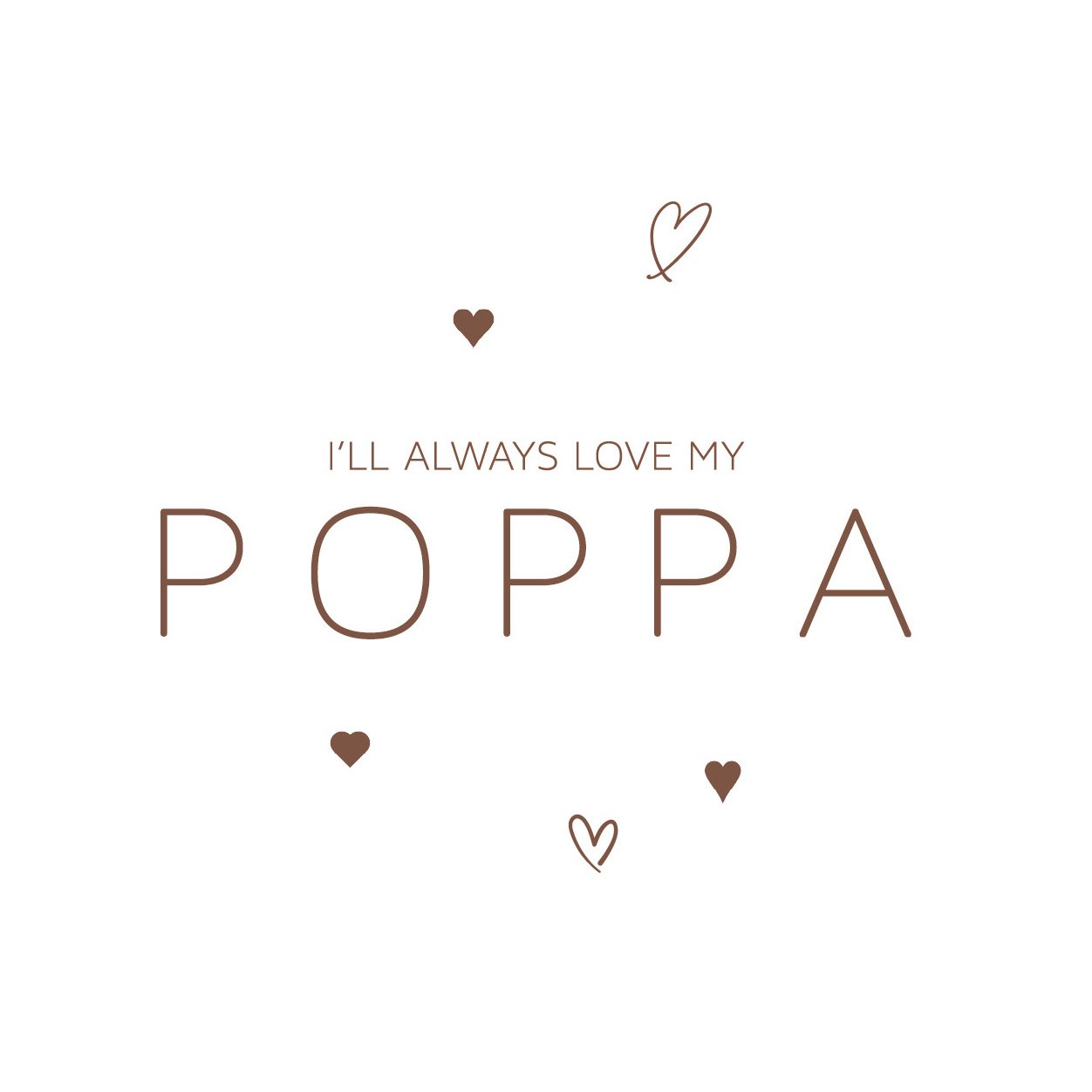 White Father's Day card with brown type and hearts, zoom
