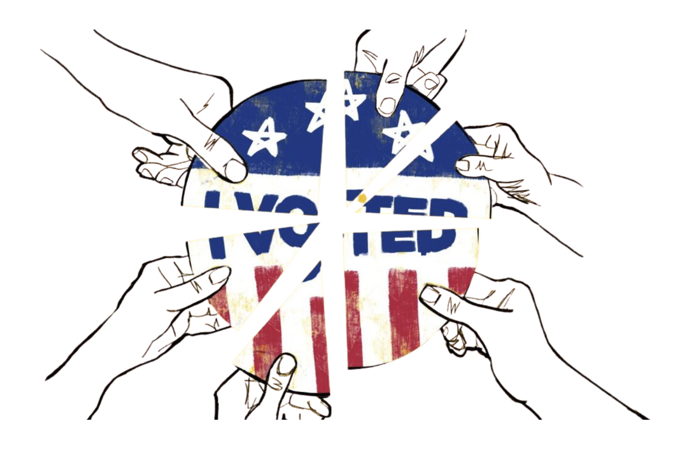 Illustration of multiple hands breaking a pie chart that has the American flag and the word 'VOTED' on it.