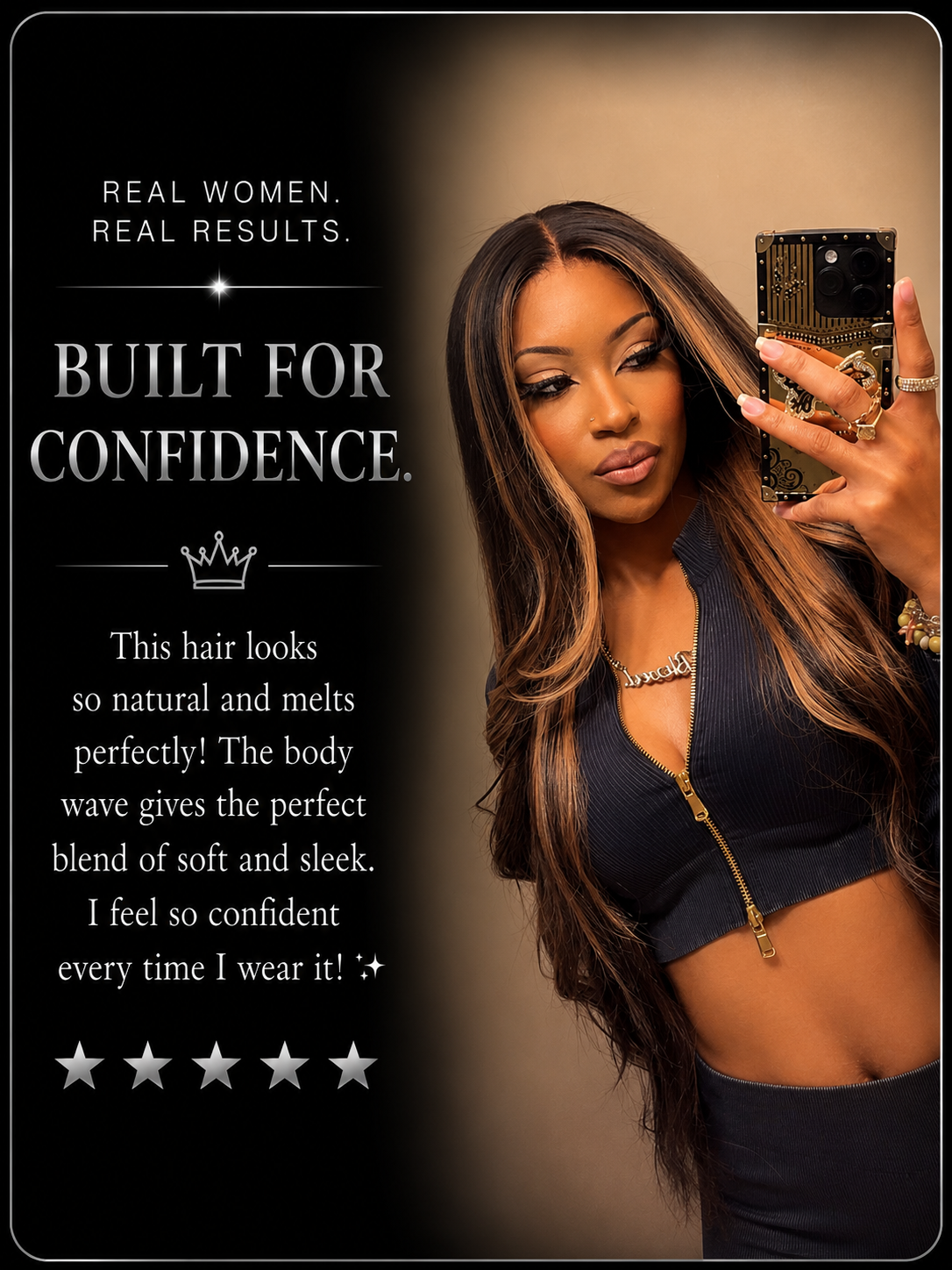 A woman with long hair taking a selfie. She has a confident expression, wears a black zip-up top, jewelry, and makeup. The image promotes hair confidence and beauty.