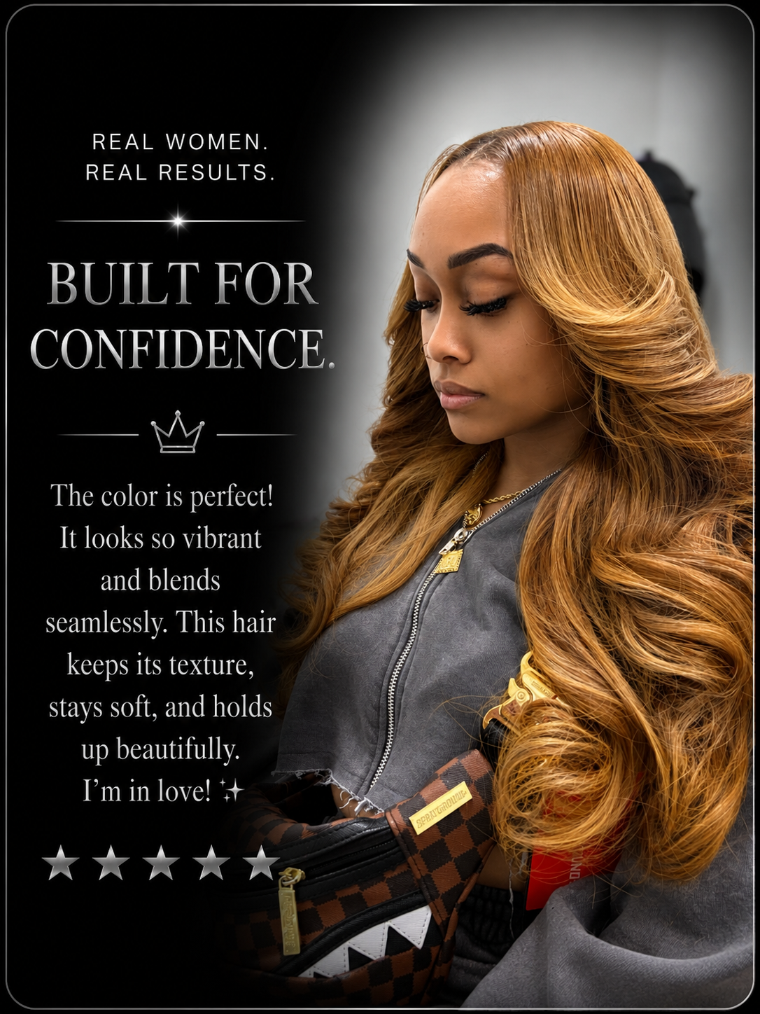 A young woman with long, wavy ginger hair looking down, wearing a gray leather jacket, layered necklaces, and a patterned purse. The image features an advertisement with white text on a black background promoting confidence and hair color.