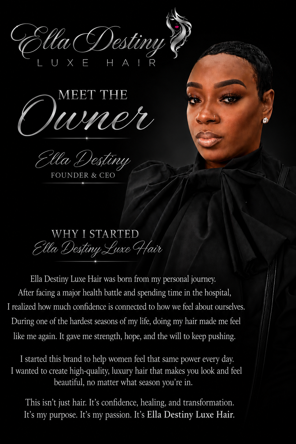 Promotional poster for Ella Destiny Luxe Hair featuring a woman with short, curly hair, gold earrings, and natural makeup against a black background, with text describing the brand's mission and founder.