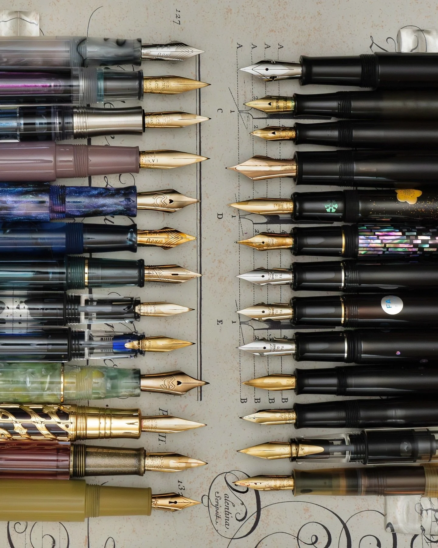 Just taken some new group pictures of some of my flex nib fountain pen collection, from Victorian era gold dip nibs to modern flex nib offerings. Every one of them is unique and no 2 flex nibs write the same. It&rsquo;s amazing to have varieties. I t