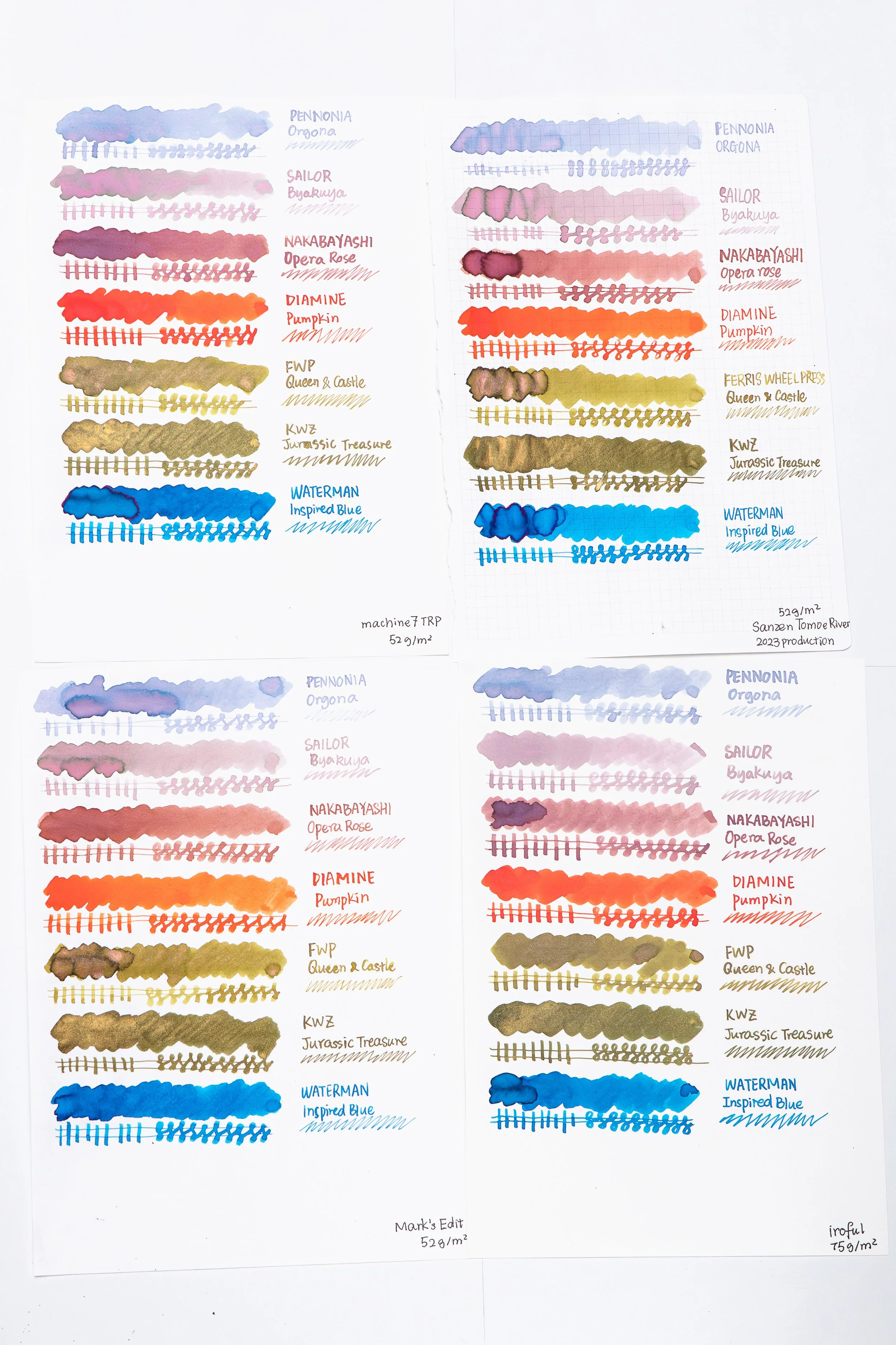 Side-by-side fountain pen ink swatches comparing Machine 7 Tomoe River Paper, Sanzen Tomoe River Paper, Mark’s Edit Notebook Neo Agenda paper, and Iroful paper.