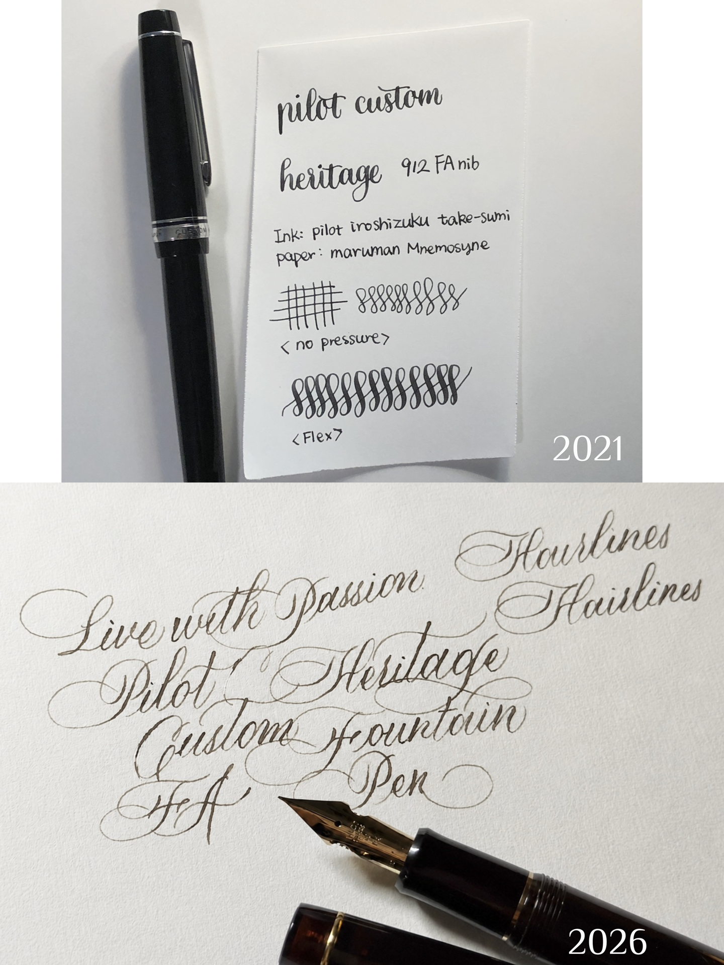 Pilot 912 FA nib writing sample before practicing calligraphy and after practicing calligraphy