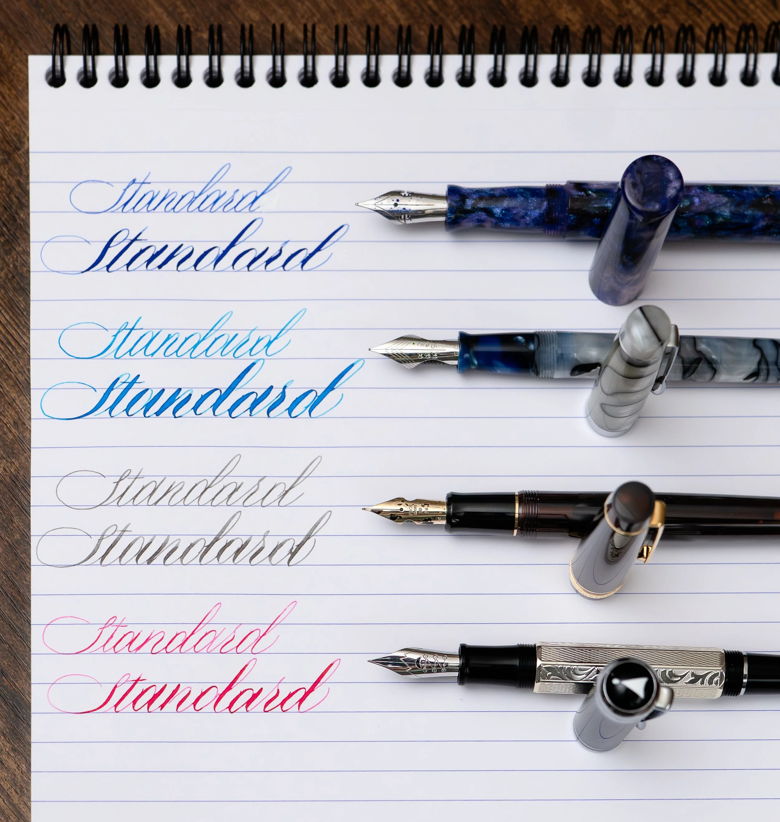 Majohn steel flex nib, FPR steel ultra flex nib, Pilot Custom 912 FA nib, and FPnibs modified Jowo semi flex nib, all 4 nibs with writing samples,