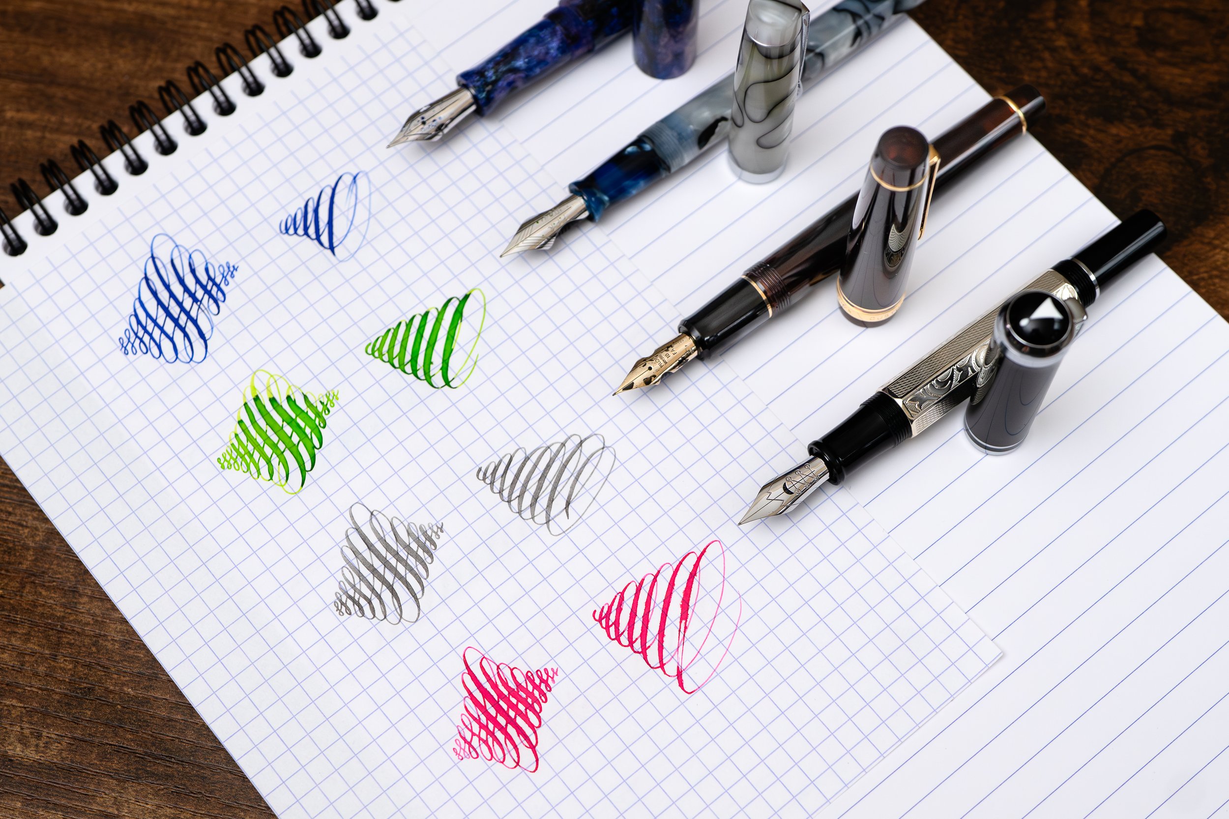 Majohn steel flex nib, FPR steel ultra flex nib, Pilot Custom 912 FA nib, and FPnibs modified Jowo semi flex nib, all 4 nibs with writing samples,