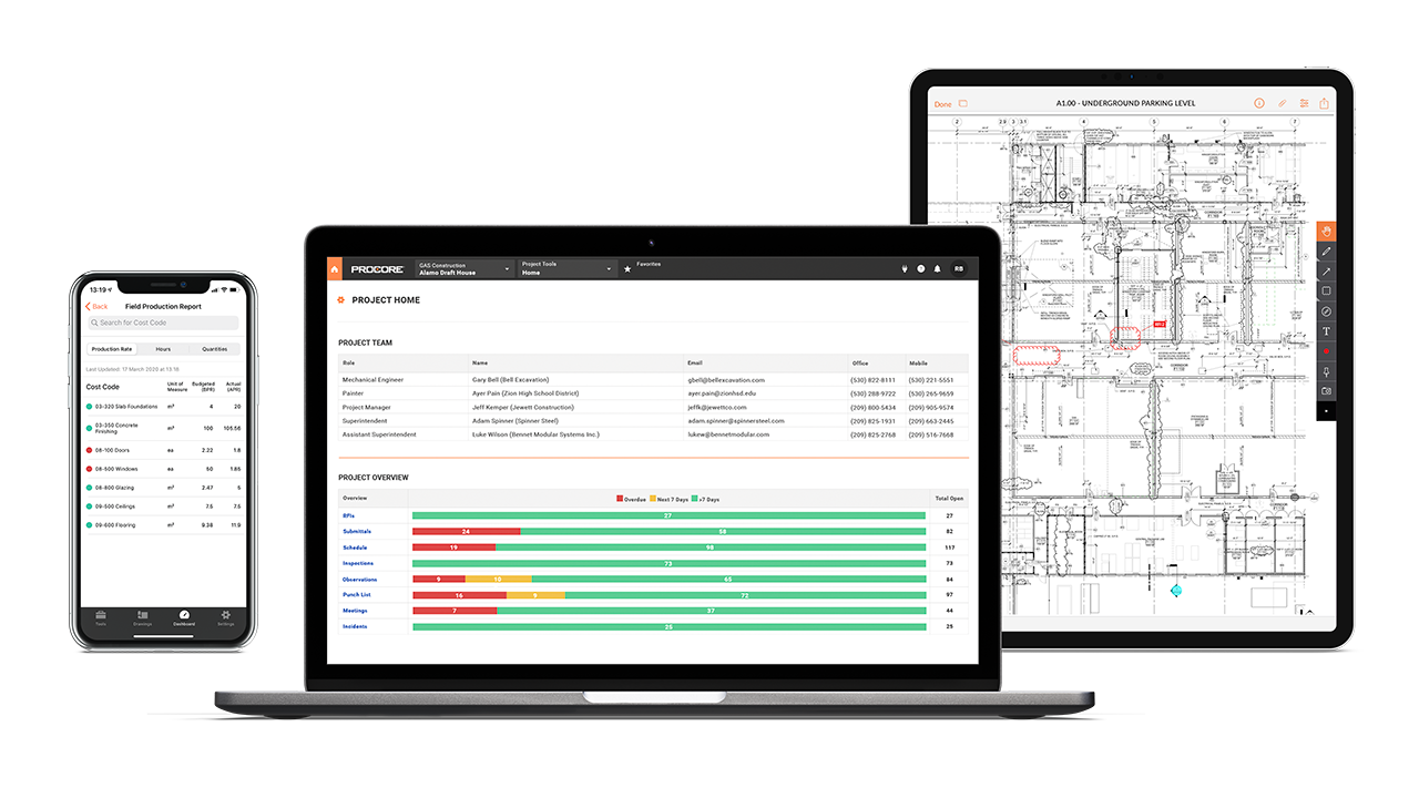 Laptop displaying a construction project overview with team members and progress charts, iPad showing technical blueprints, and smartphone with a field production report.