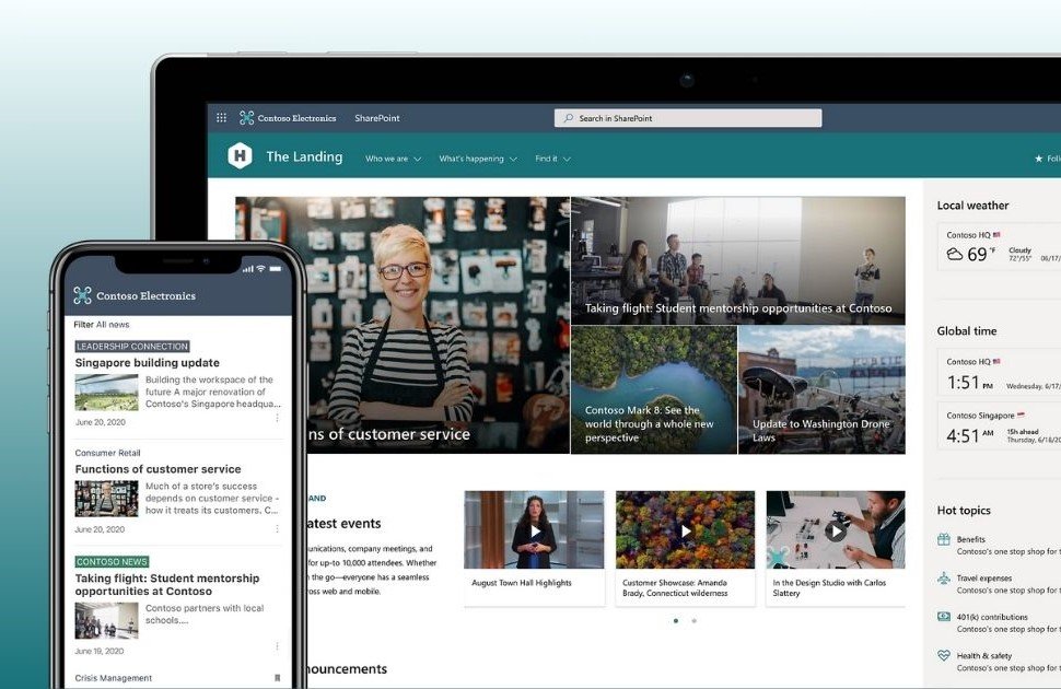 Screenshot of a computer and smartphone displaying an internal company website named 'The Landing' for Contoso Electronics, featuring news updates, events, and weather information.