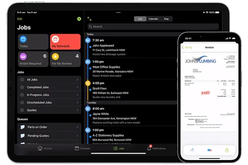 Open iPad screens displaying a job schedule app and a document, with a second device showing a plumbing invoice.