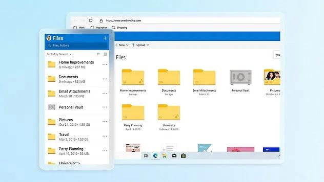 Computer screen displaying a file management window with folders labeled Home Improvements, Documents, Email Attachments, Personal Vault, Pictures, Travel, Party Planning, and University.