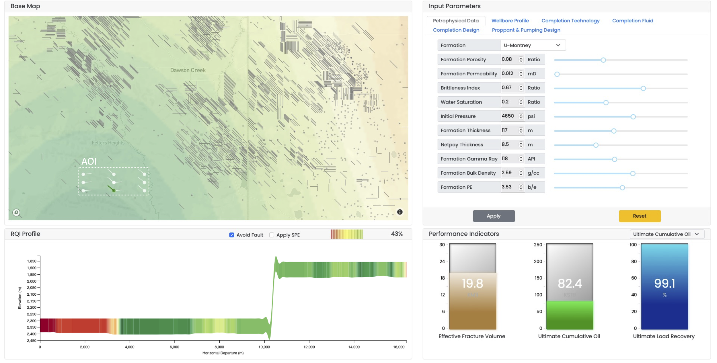 Oil and gas reservoir geospatial data map showing fault lines, geological formations, and Rock Quality Index profile with performance indicators for effective fracture volume, ultimate cumulative oil, and load recovery.