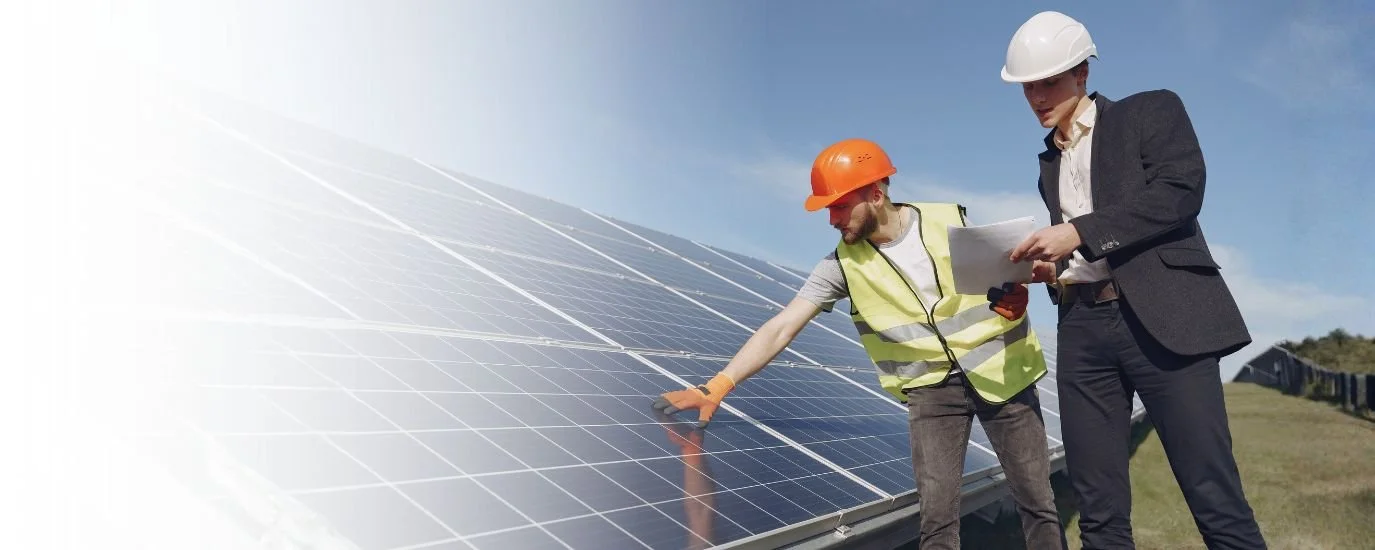 Two men in safety helmets and vests inspecting solar panels outdoors.
