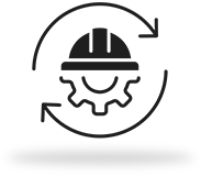 Icon of a gear with a hard hat and safety glasses, surrounded by circular arrows, representing safety or maintenance.