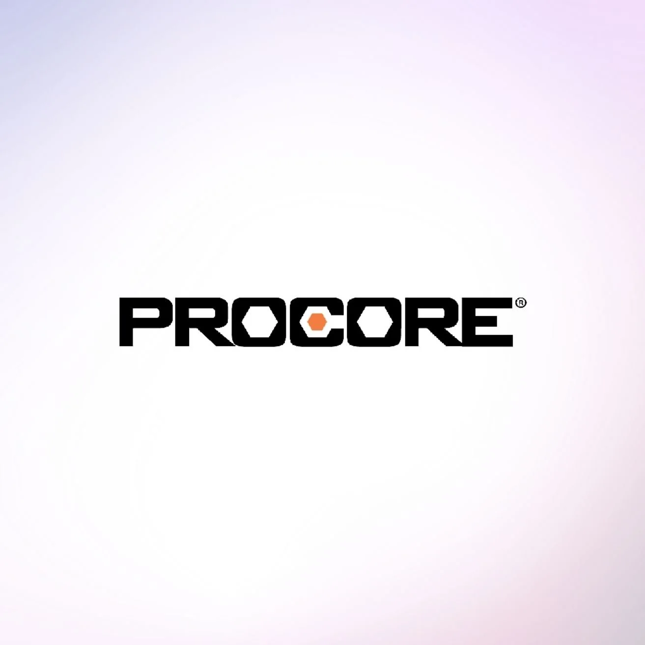 Procore logo with black text and a small orange hexagon in the letter 'O' on a gradient white to pink background.