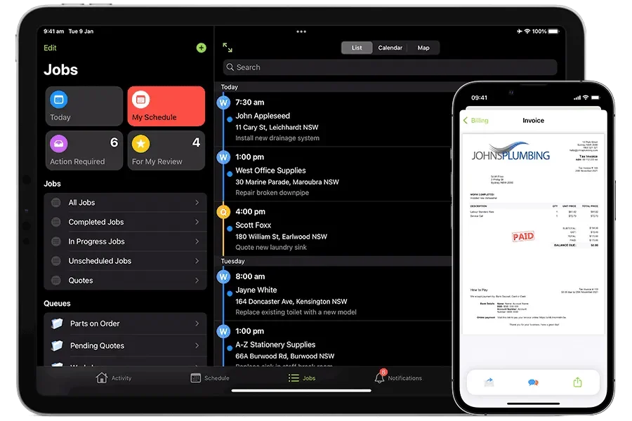 Screenshots of a mobile device showing a jobs management app with scheduled jobs and a calendar. The second screen displays an invoice from Johns Plumbing.
