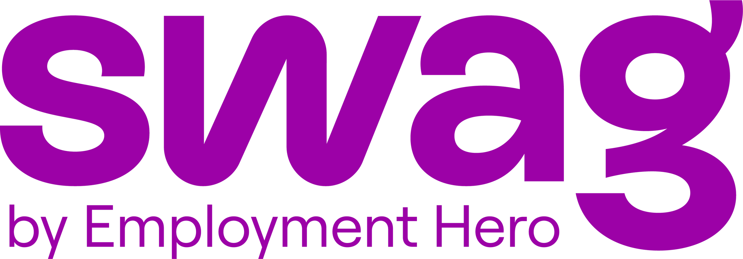 Purple text logo that reads 'Swag 2.0 by Employment Hero' in stylized font.