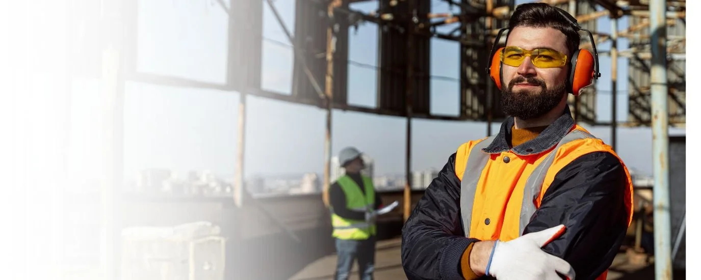 Construction worker with beard, yellow safety glasses, orange earmuffs, orange safety vest, and gloves, standing on a construction site with steel frameworks and another worker in the background.