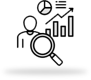 Line graph, bar chart, pie chart, magnifying glass, and person icon representing data analysis and insights.