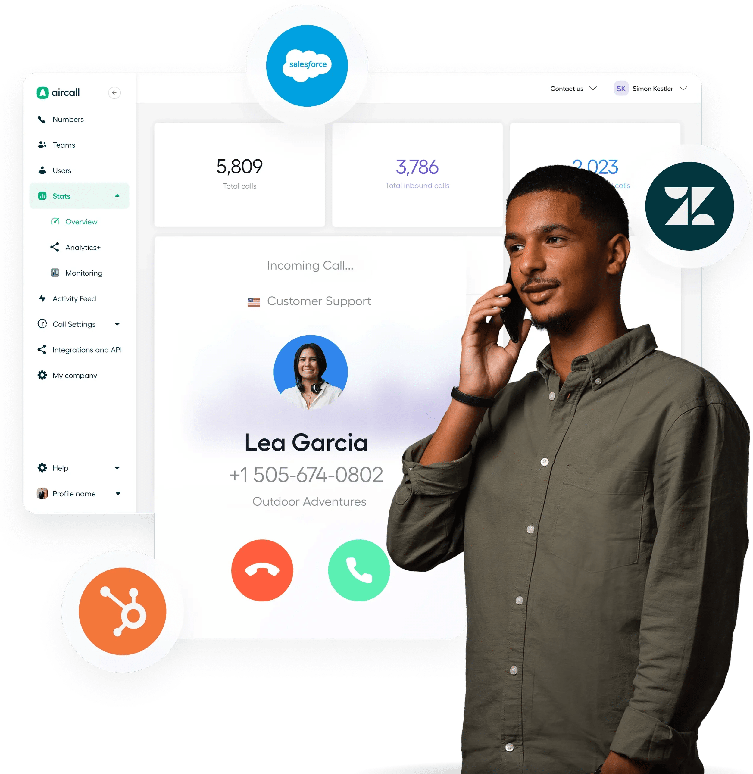 A man is talking on his phone in front of a digital dashboard showing call statistics, including total calls, inbound calls, and outgoing calls, with a profile of a contact named Lea Garcia on the screen.