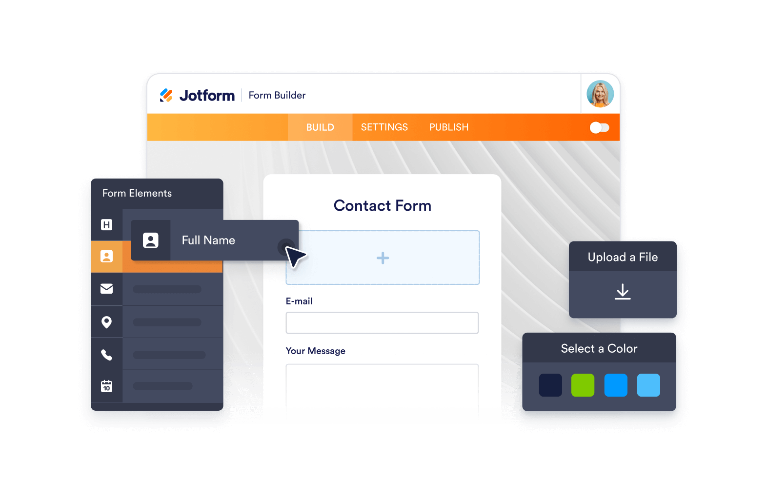 Screenshot of a form builder interface on Jotform with a contact form and options to add elements, upload files, and select colors.