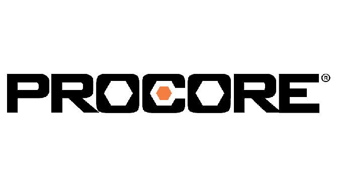 Procore logo with stylized text and orange hexagon in the center