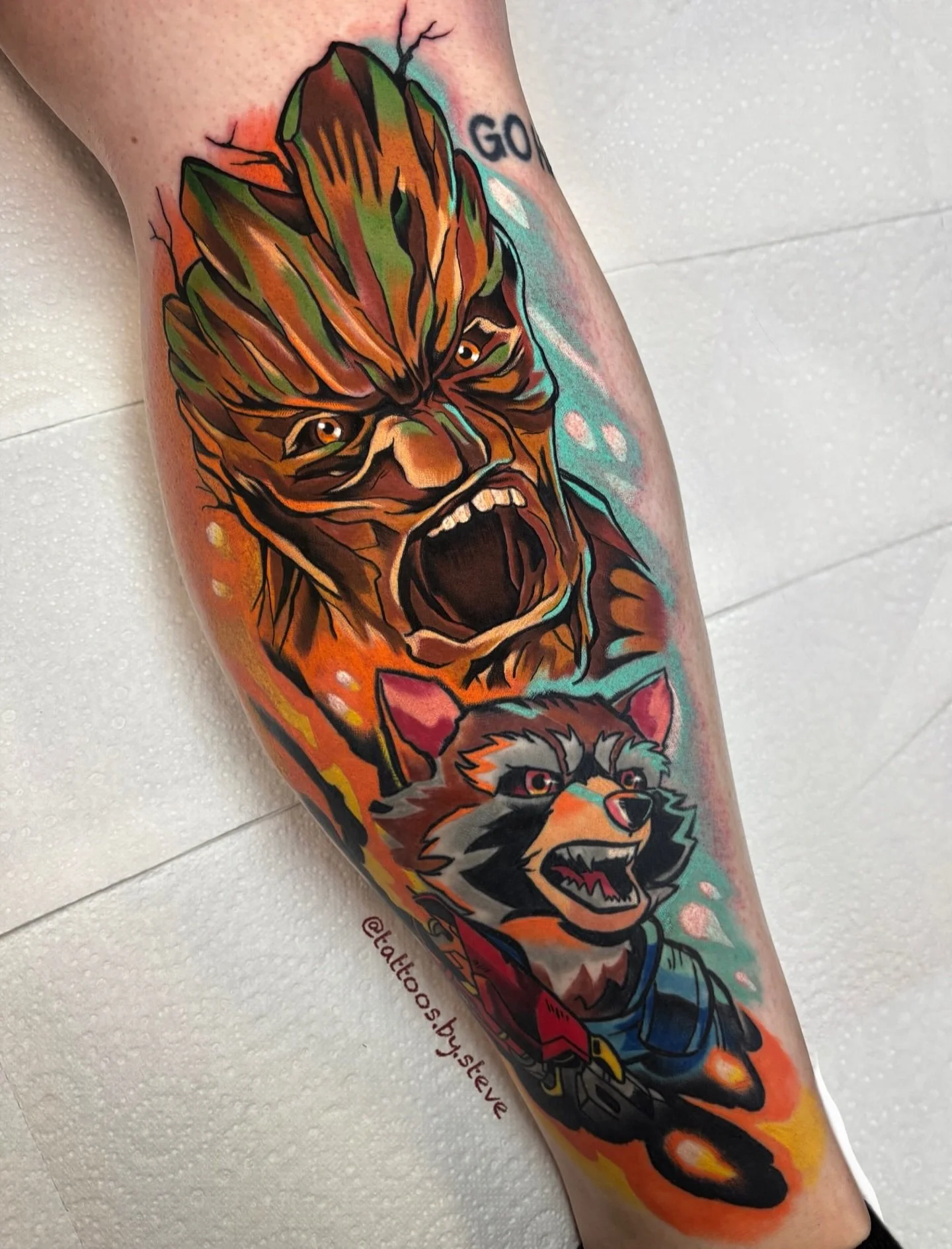 @tattoos.by.steve 🚀Groot and Rocket; Guardians of the Galaxy!🚀
-Rocket is healed. 
-I love creating comic book tattoos and would love to make more!
-DM for appointments, now booking January - March
.
.
.
.
.
#marvel #marveltattoo #groot #rocket #gr
