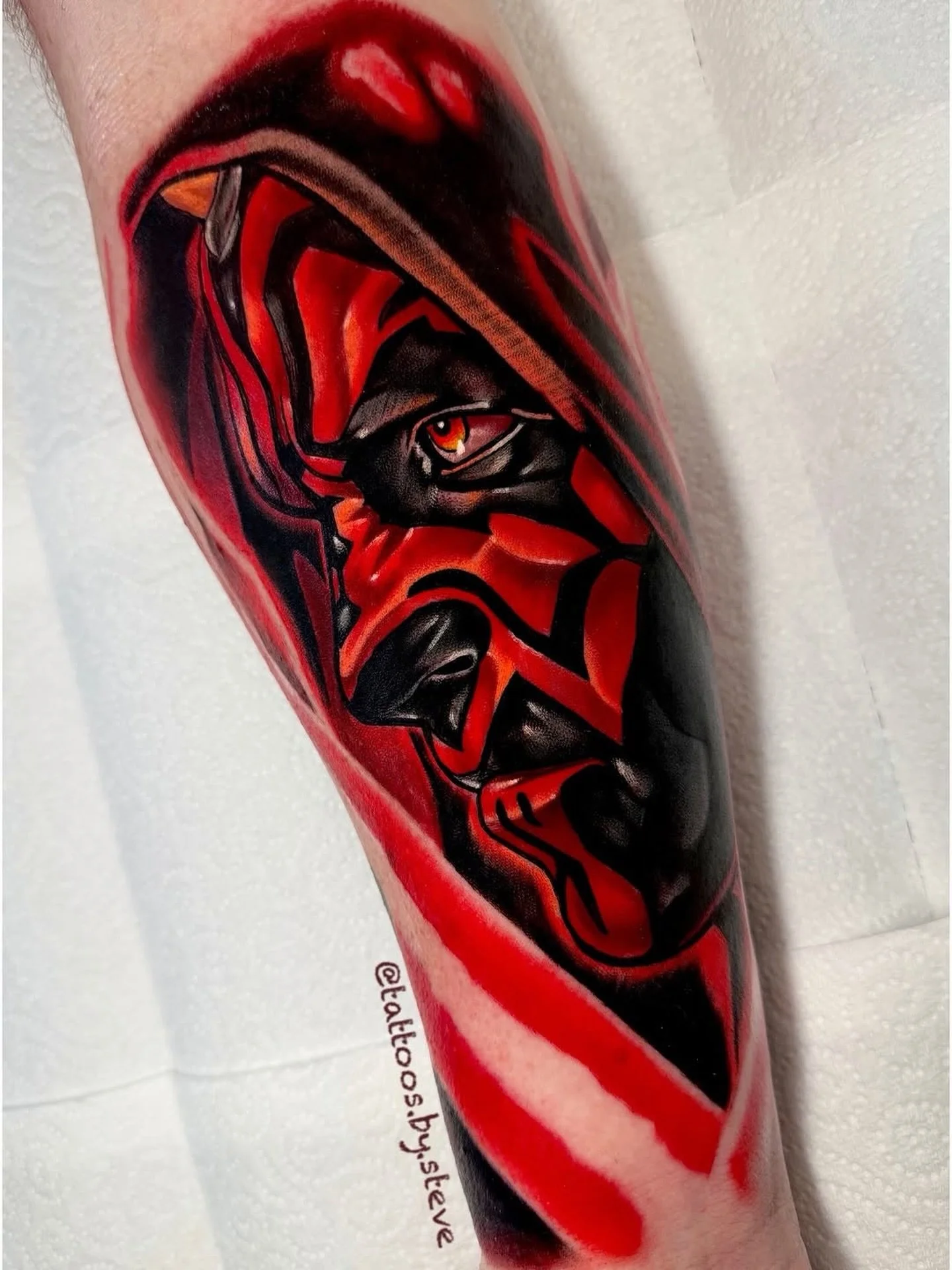 Sith Lord Darth Maul by @tattoos.by.steve 
One of, if not the best Sith to ever embrace the Dark Side of the Force.
I pushed hard on this one, and am super happy with the outcome.
I hope you guys like him too!
-
Now bookings May-July 
-
Made @fable.t