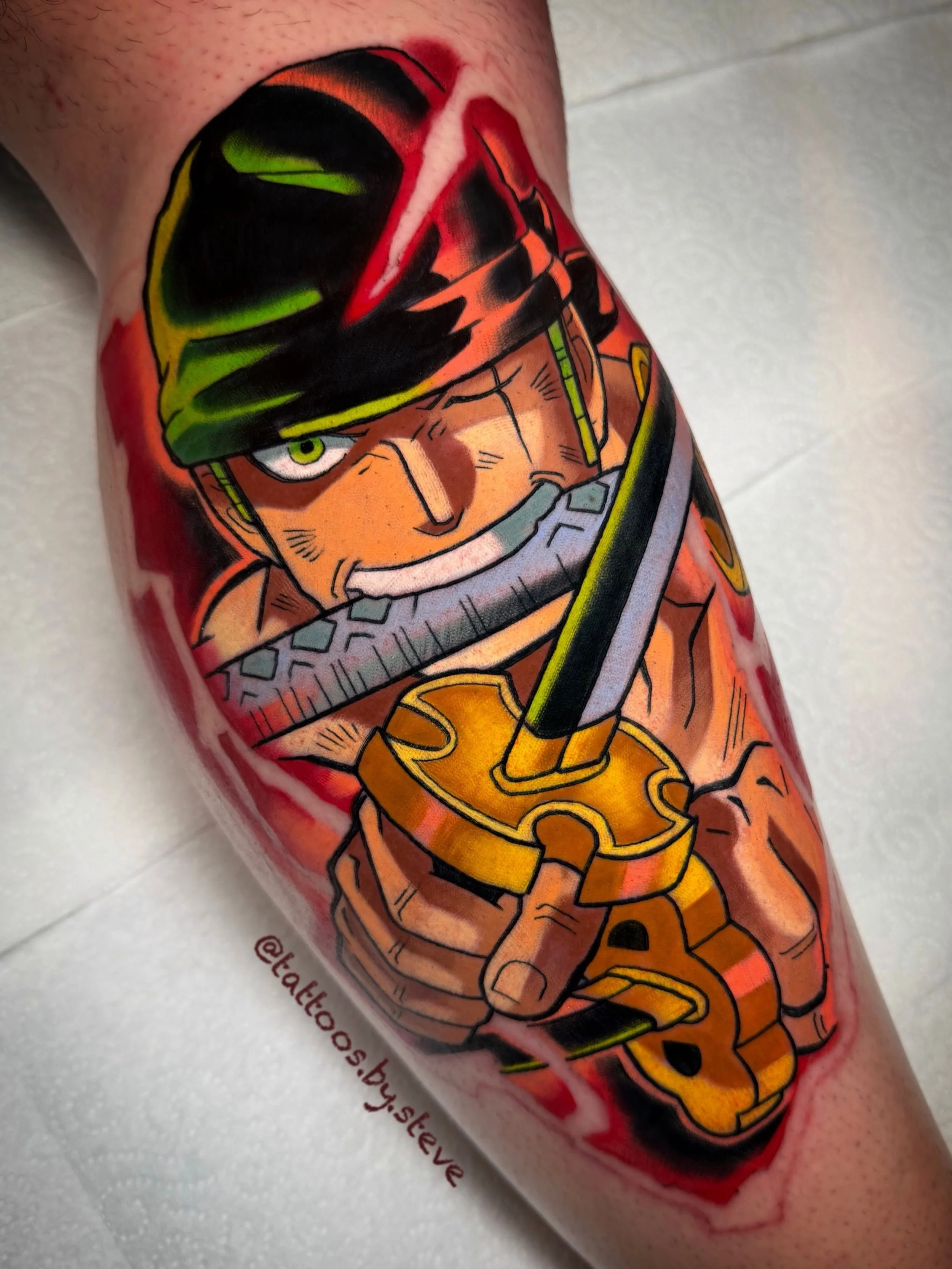 @tattoos.by.steve Roronoa Zoro!
Start of a One Piece leg i am excited to make!

Now Booking July-September
DM @tattoos.by.steve for bookings

#onepiece #onepiecetattoo #animetattoos #animetattooartist #brisbanetattoo