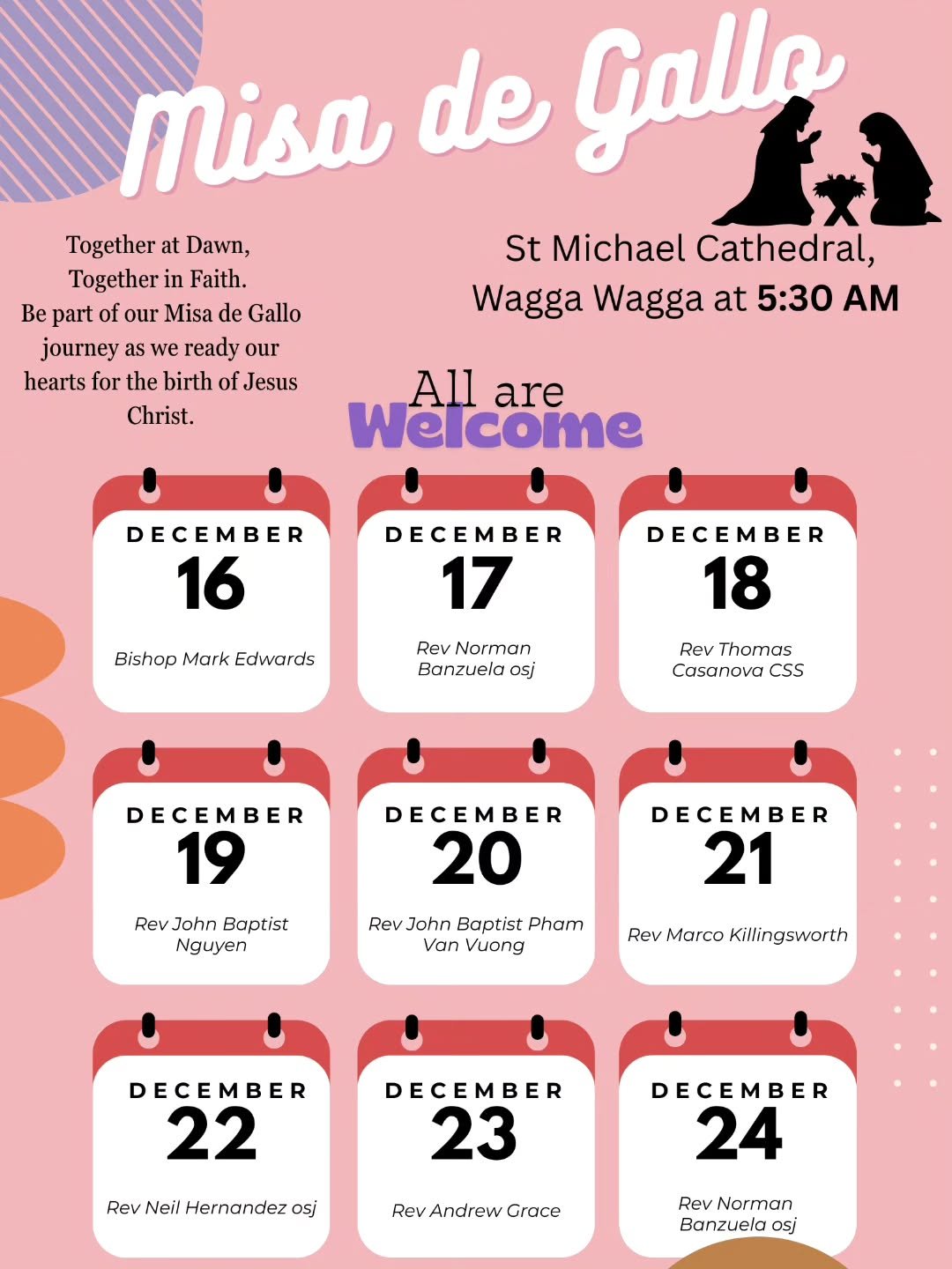 Let&rsquo;s journey together toward Christmas! 🕊️ Come celebrate Misa de Gallo with us at St Michael&rsquo;s Cathedral, Wagga Wagga. Daily at 5:30 AM, Dec 16&ndash;24. 🌟 #MisaDeGallo #DawnMass #PrepareForChristmas