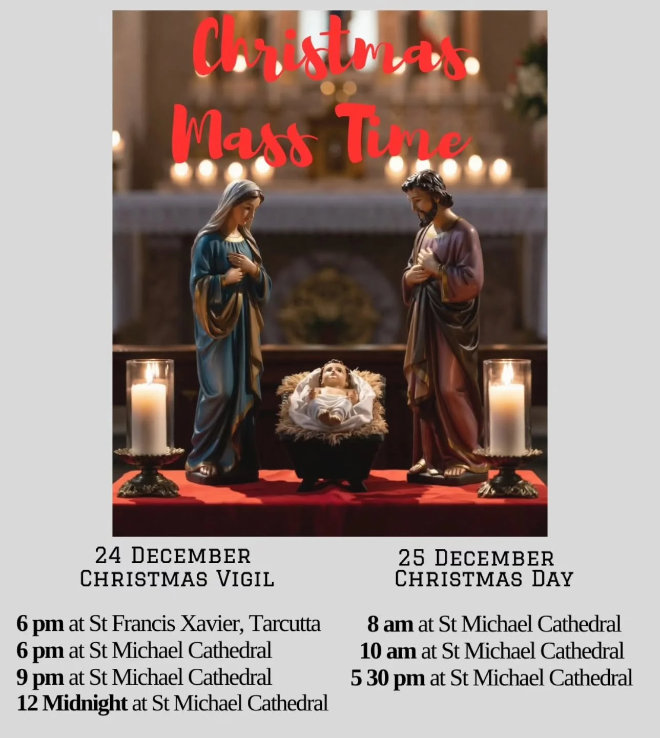 Christ is born in our hearts, our families, our community, and the whole world. 🌟✨ Join us as we welcome the Savior this Christmas.

All are warmly invited!

24 December - Christmas Vigil

6 pm at St Francis Xavier, Tarcutta
6 pm at St Michael Cathe