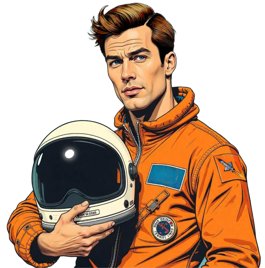 Illustration of a male astronaut wearing an orange space suit holding a helmet, with a serious expression.