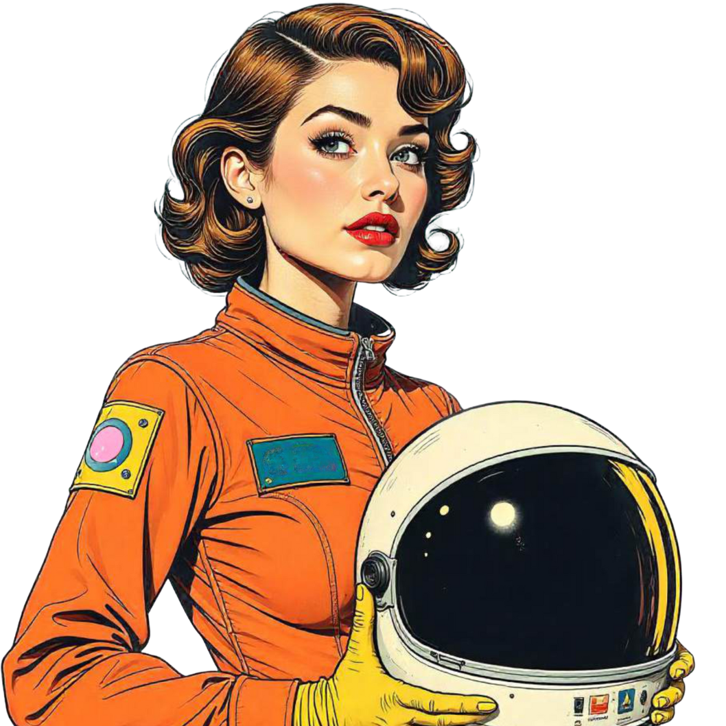 A woman dressed in an orange astronaut suit holding a space helmet.