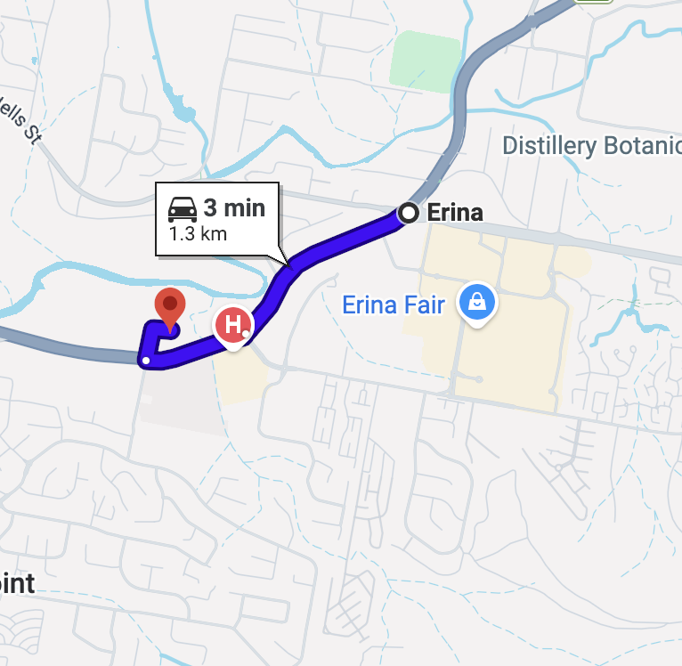 Map showing a driving route from Erina to an Thrive Physio, estimated to take 3 minutes and cover 1.3 kilometers, with nearby landmarks such as Erina Fair shopping center.