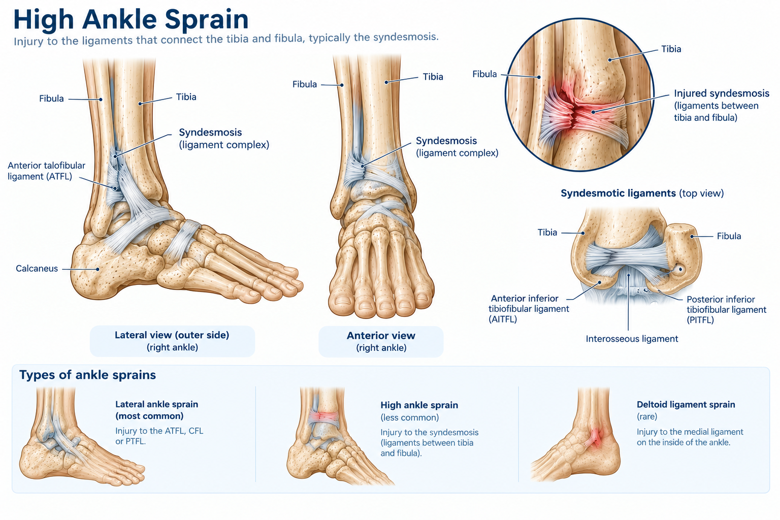 Diagram of high ankle sprain with illustrations of the ankle ligaments, bones, and injuries. Shows lateral view, anterior view, and close-ups of sprains and ligament damage.