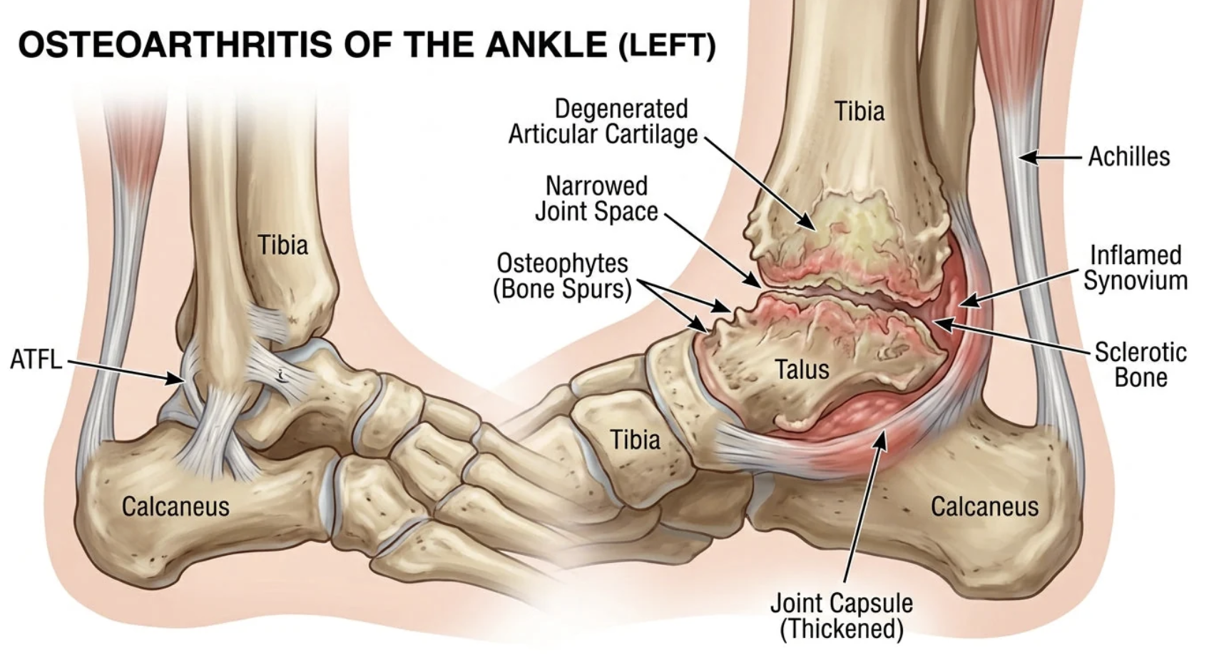 Diagram of osteoarthritis of the left ankle showing degenerative cartilage, narrowed joint space, osteophytes, inflamed synovium, sclerotic bone, thickened joint capsule, and affected bones including tibia, talus, calcaneus, and achilles tendon.