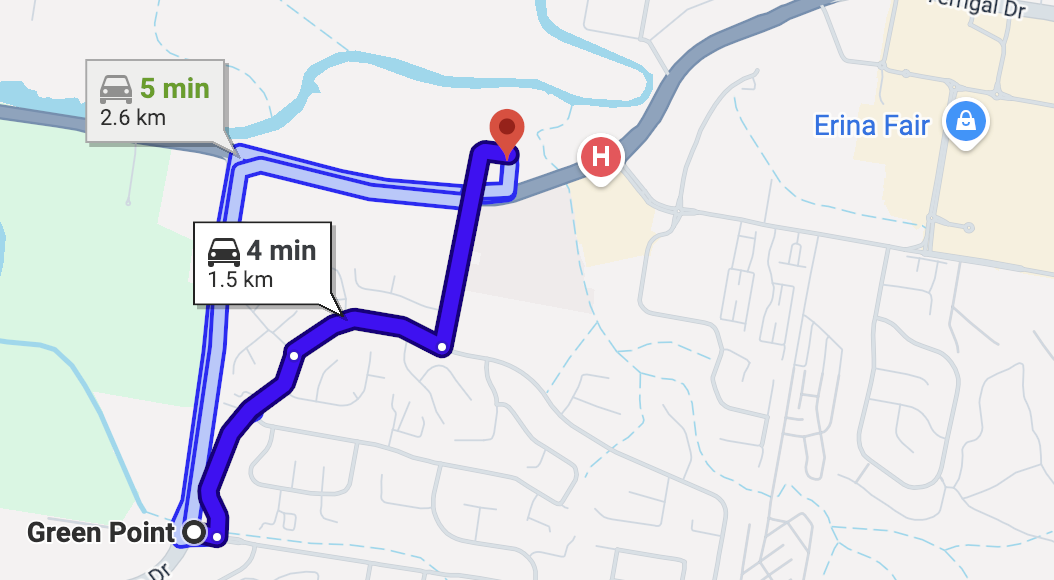 A GPS navigation map showing two routes from Green Point to Thrive Physio, with estimated travel times of 4 and 5 minutes respectively, and a landmark labeled Erina Fair.