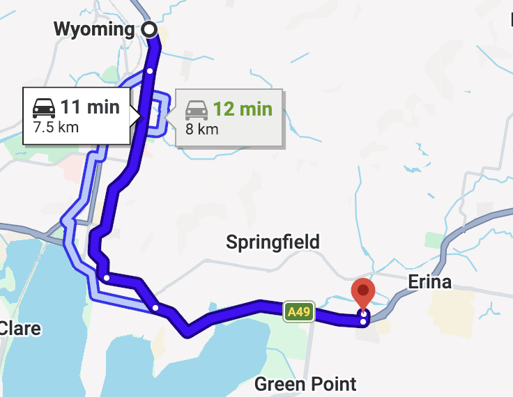 Map showing two routes from Wyoming to Thrive Physio,, with travel times of 11 and 12 minutes.