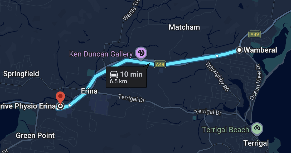 Map showing driving directions from Terrigal to Thrive Physio, estimated travel time of 10 minutes for 6.5 km.