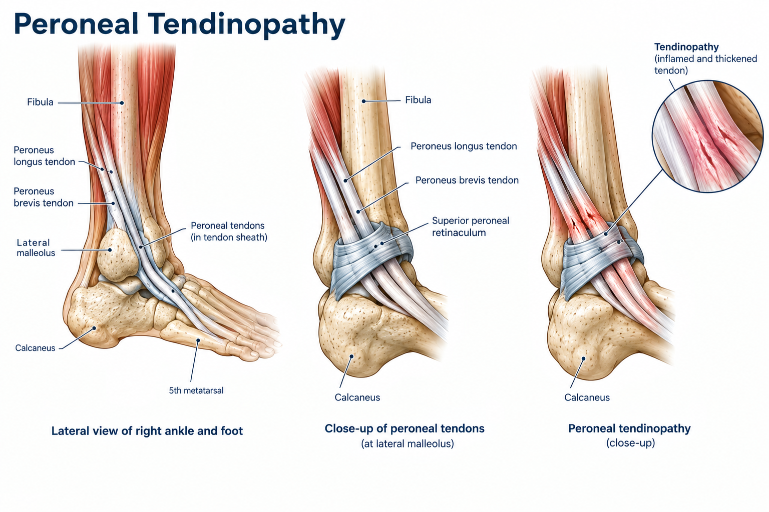 Diagram showing the lateral view of the right ankle and foot, close-up of peroneal tendons at the lateral malleolus, and a close-up of peroneal tendinopathy. Labels identify the fibula, peroneus longus tendon, peroneus brevis tendon, peroneal tendons in the tendon sheath, lateral malleolus, calcaneus, 5th metatarsal, superior peroneal retinaculum, and inflamed and thickened tendons in peroneal tendinopathy.