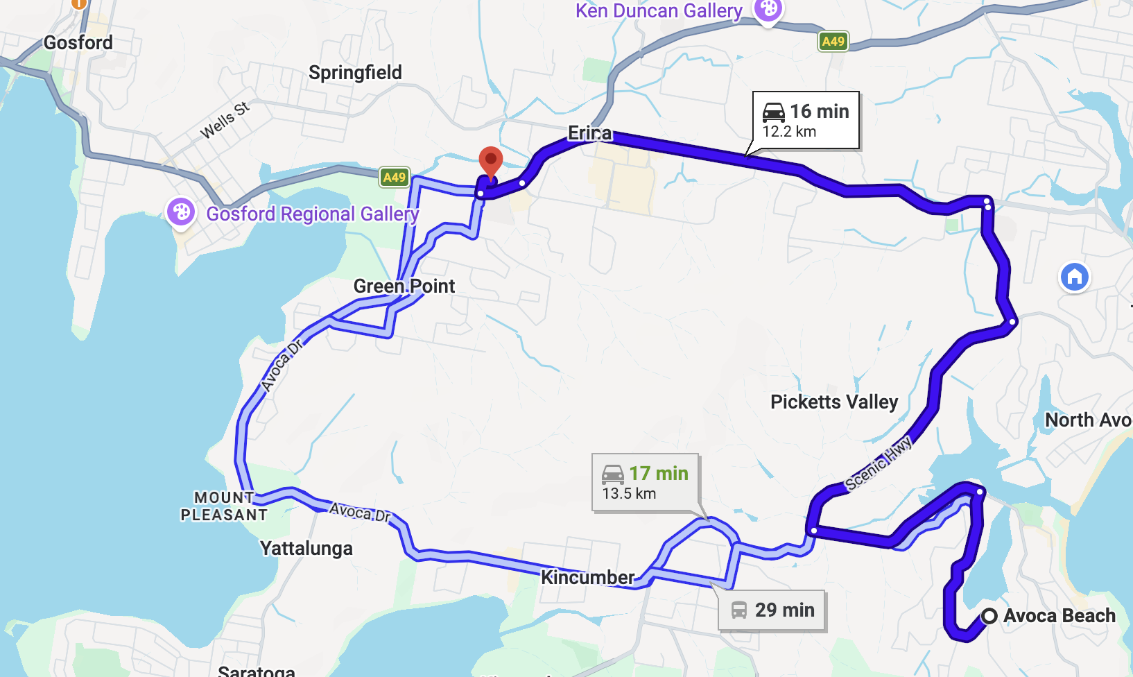 Map showing driving routes from Avoca Beach to Thrive Physio, with travel times and distances.