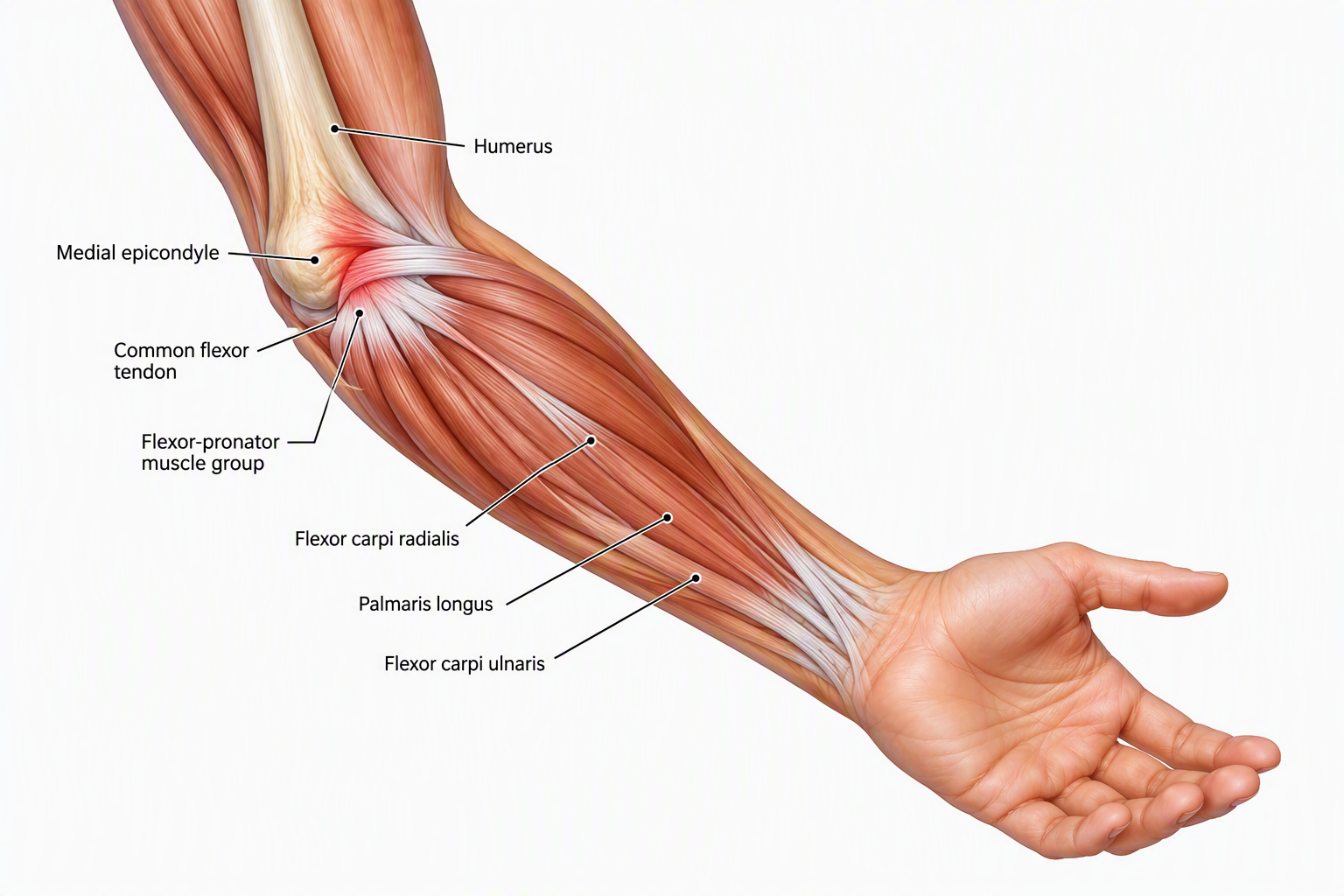 An anatomical illustration of a human arm showing muscles, tendons, and bones. The image is labeled with the humerus, medial epicondyle, common flexor tendon, flexor-pronator muscle group, flexor carpi radialis, palmaris longus, and flexor carpi ulnaris.