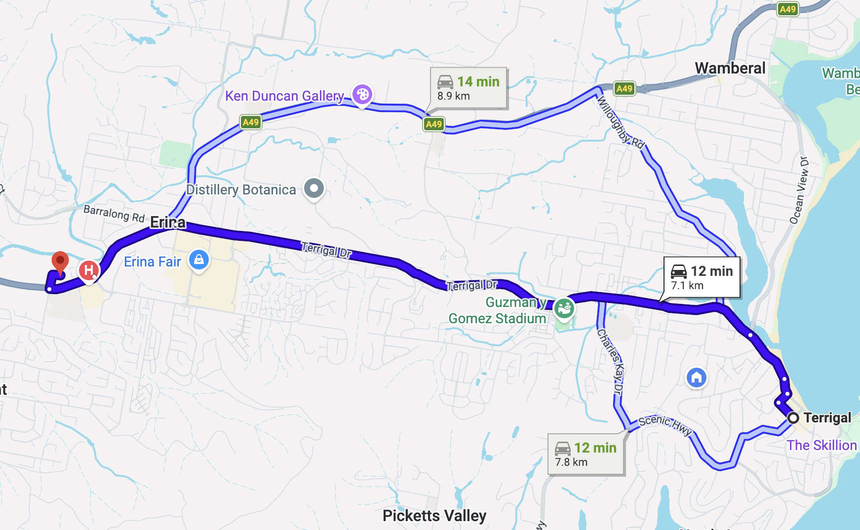 Map showing driving routes from Terrigal to Thrive Physio, with estimated travel times of 12 and 14 minutes, including landmarks like Guzmany Gomez Stadium and Ken Duncan Gallery.